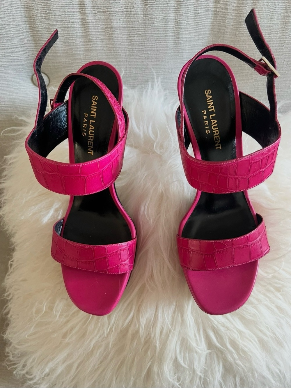 Saint Laurent Fuchsia Croc-Embossed Double Strap Sandals
